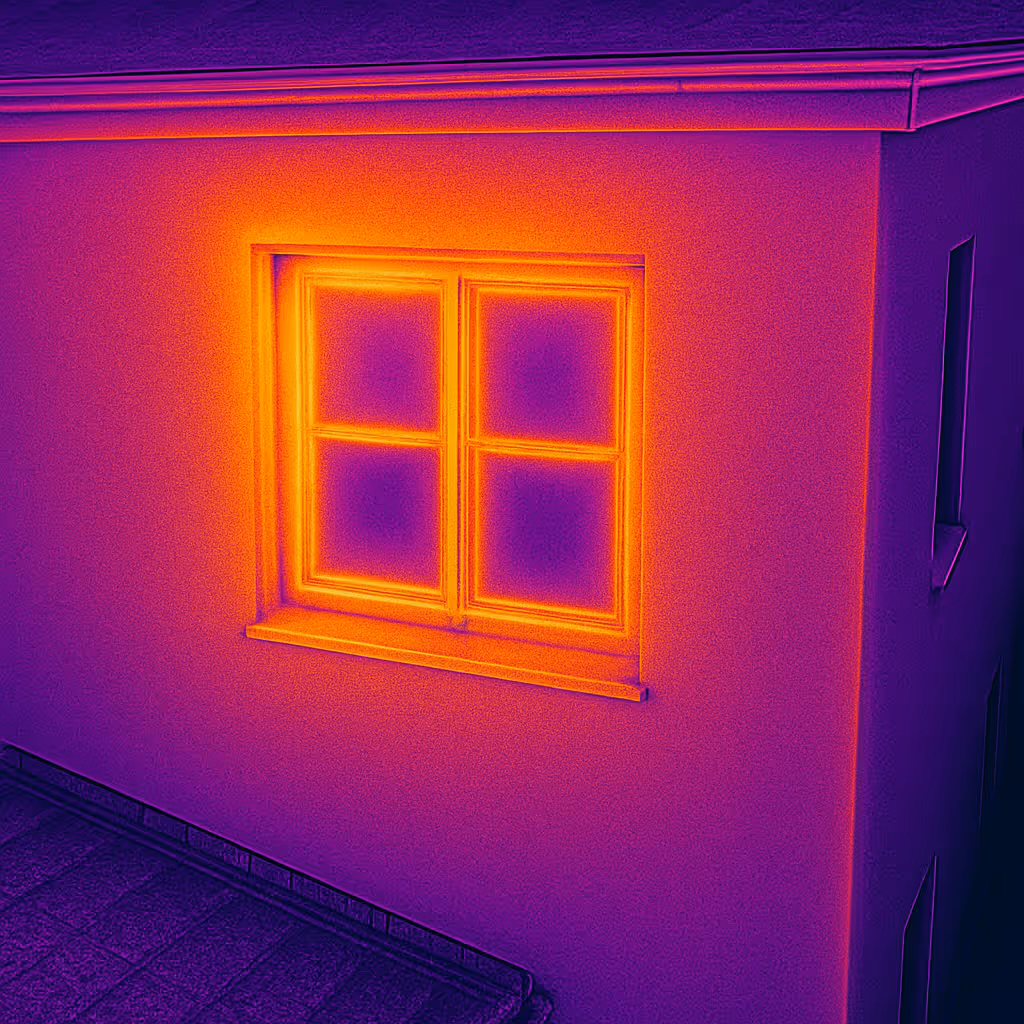 Thermisches Bild eines Hauses mit einem wärmeren Fenster, das Wärmeverlust anzeigt.
