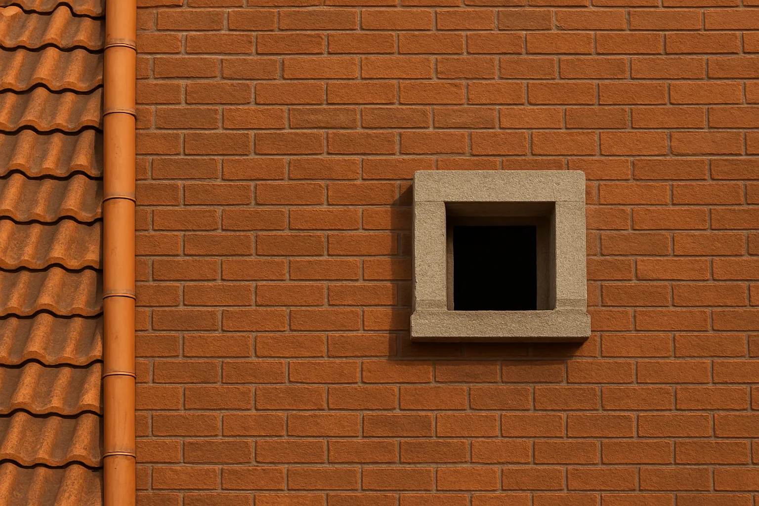 Rote Backsteinwand mit kleinem quadratischem Fenster mit grauem Rahmen neben einem braunen Dach mit Ziegeln und einer Regenrinne.