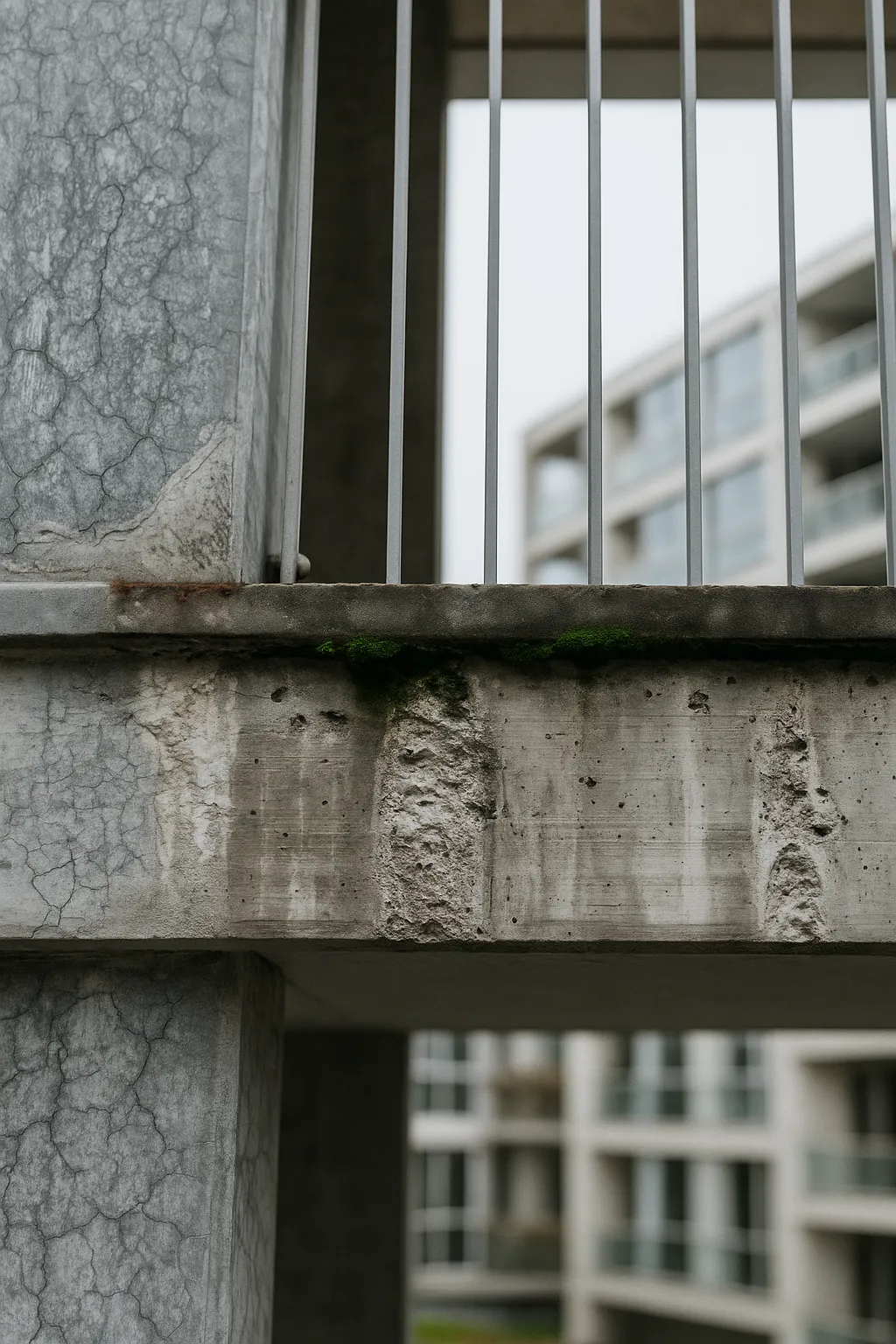 Nahaufnahme einer Betonfassade mit sichtbaren Schäden, Rostflecken an einem Geländer und Moosbewuchs.